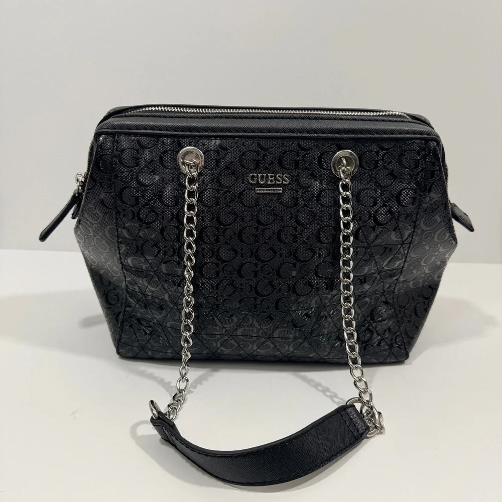 Guess Satchel Handbag Women Large Black Good Logo Embossed Chain Strap G-001